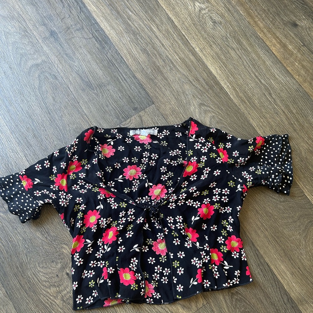 Urban Outfitters Black and Red Tie Front Crop Blouse